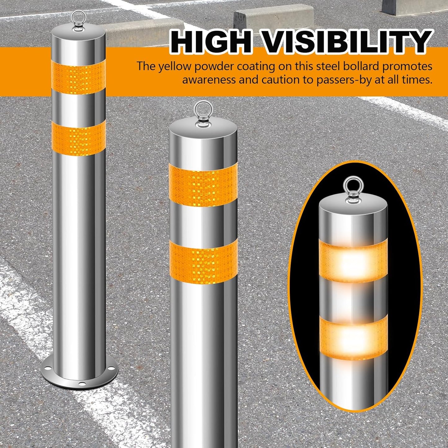 31.5 Inch Stainless Steel Bollard Post with Anchor Bolts Parking Barrier Block Safety Bollard Covers with Reflective Strips and Hanging Ring for Parking Lots Driveways Garage Pathways(2 Pcs)