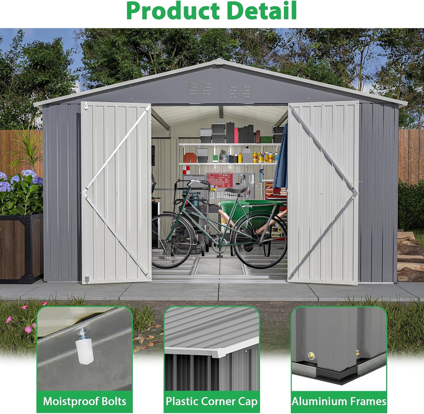 Large Outdoor Storage Shed, 11' X 13' Metal Galvanized Steel Garden Shed with Floor Frame, Utility Tool Shed Storage House for Backyard, Patio, Lawn
