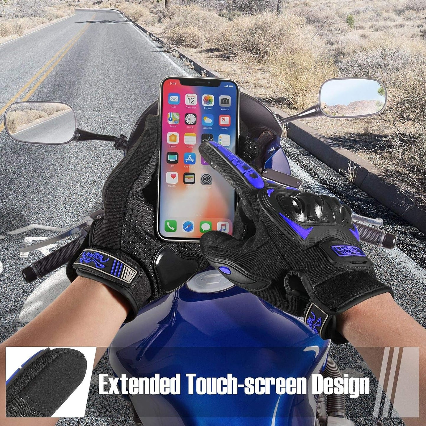 COFIT Motorcycle Gloves Breathable, Touchscreen Motorbike Gloves Anti-Slip with Good Grip Hard Knuckles Protection for Men Women Motocross, BMX ATV MTB Cycling, Road Racing - Blue XL