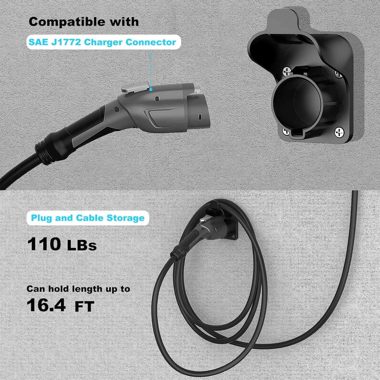 J1772 EV Charger Holder Wall-Mount for Garage Wall/Outdoor Post, Electric Vehicle Charger Nozzle Holster Dock Hook for All J1772 EVs Cable/Cord Plug & Connector Hanger Bracket Waterproof