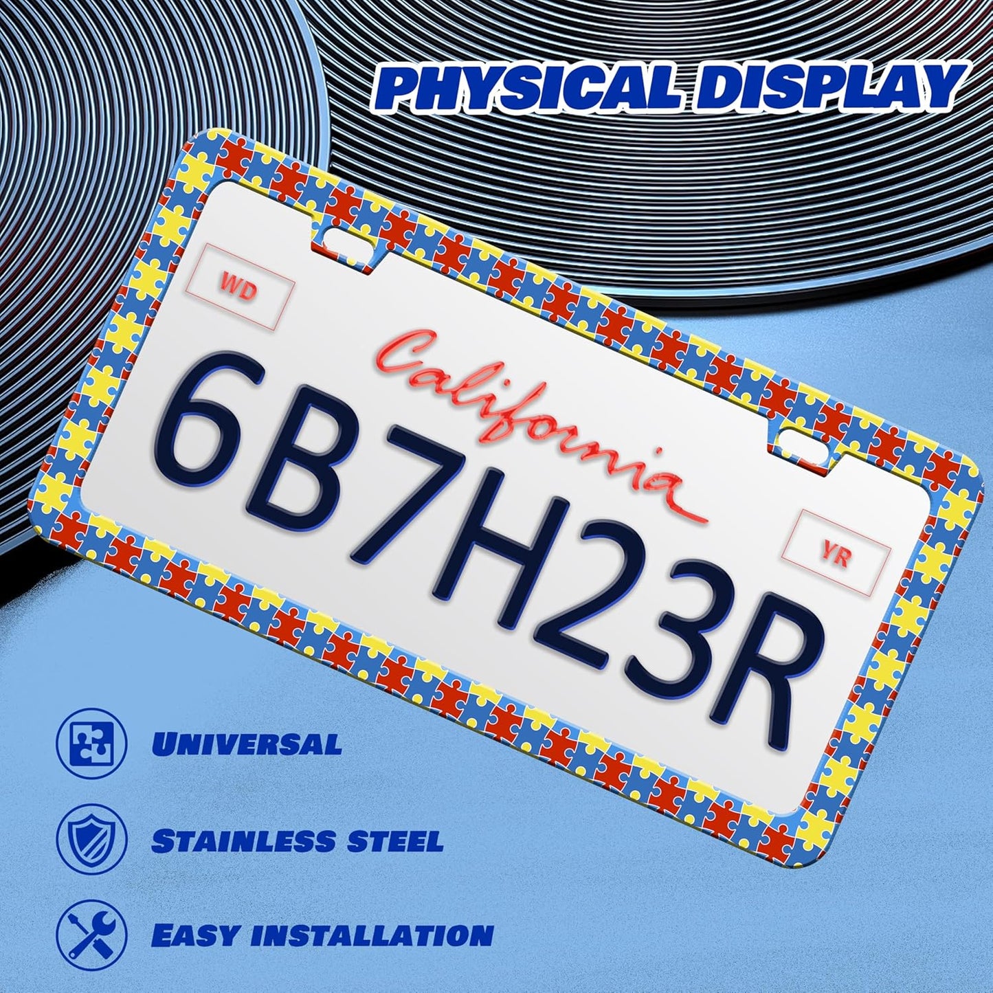 Autism Awareness License Plate Frame Puzzle License Plate Frames Personalise Stainless Steel Funny Design Compatible with Standard License Plate Holder for USA Canada 6 X 12 Inch 2 Holes with Screws