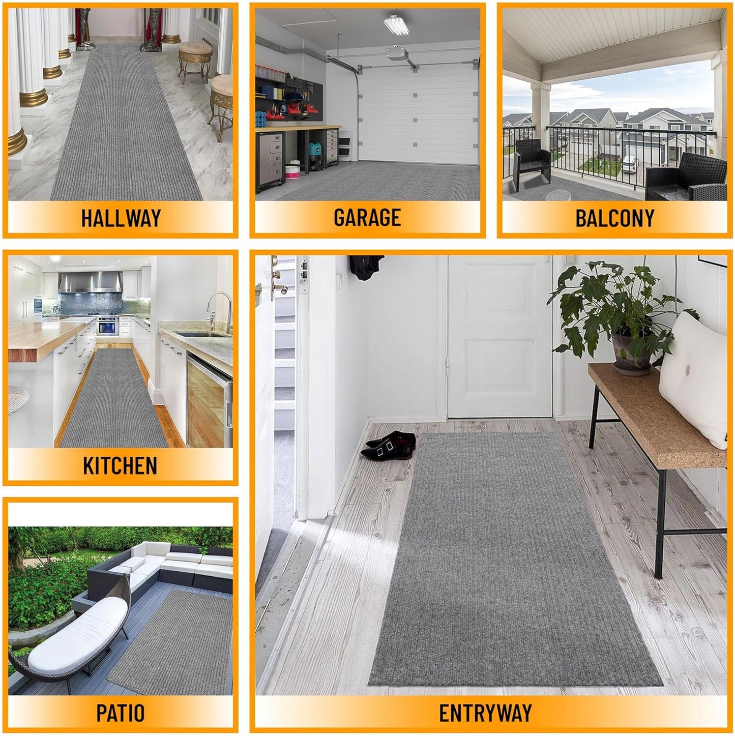 Ottomanson 2' x 16' Hallway Runner with Scraper Pile Extra Durable Non-Slip Rug Mat for Indoor & Outdoor Use - Ideal for Kitchen, Entryway, Patio & Garage - High-Traffic Carpet, Gray