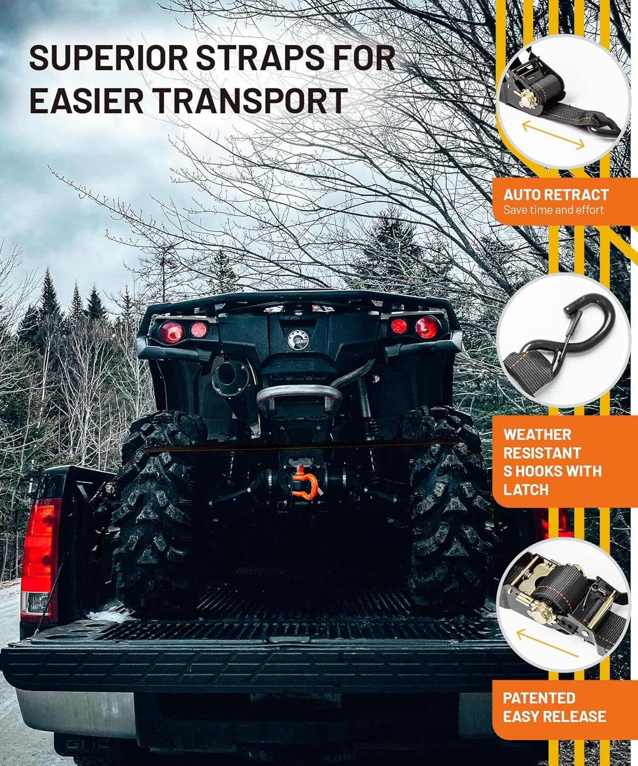 Strapinno Retractable Ratchet Tie-Down Straps,5,000 lbs Breaking Strength- 2 in x 12 ft Heavy Duty Ratchet Strap with Safety Lock S Hooks for Motorcycles, ATVs, UTVs, Lawn Equipment & Cargo (Black)