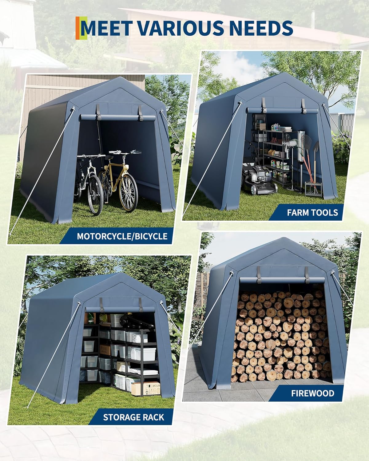 7x15FT Outdoor Storage Shed, Portable Carport with Roll-up Ventilated Zipper Door and Windows, Heavy Duty Waterproof Tarp, Storage Sheds for Motorcycle, Bike, Firewood, Garden Tools