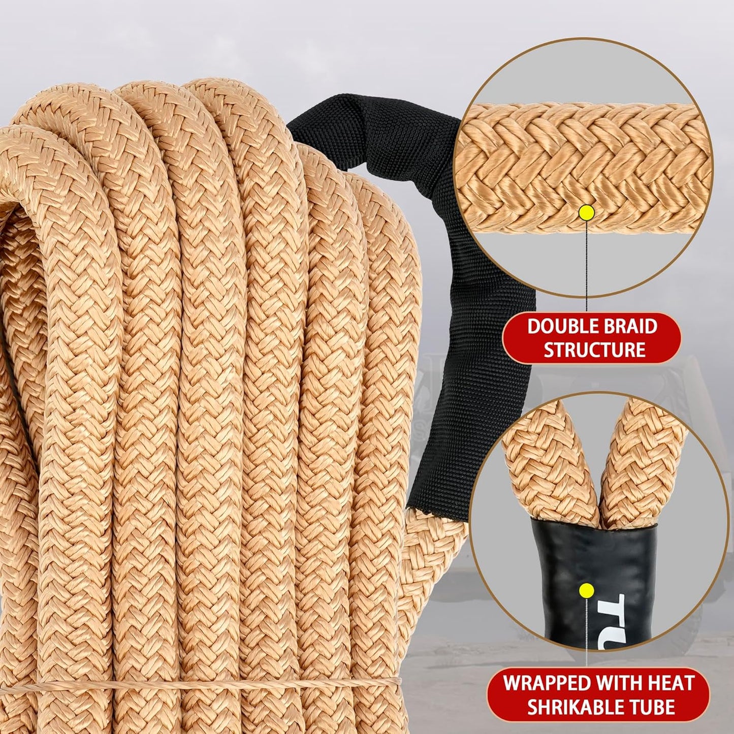 Nylon Kinetic Recovery Tow Rope Heavy Duty Offroad Snatch Strap for for Trucks SUV UTV ATV Tractor Car Jeep, Tractor, Bobcat, Ram 2500, Silverado 2500, Ford F250 (Golden, 7/8" x 20')
