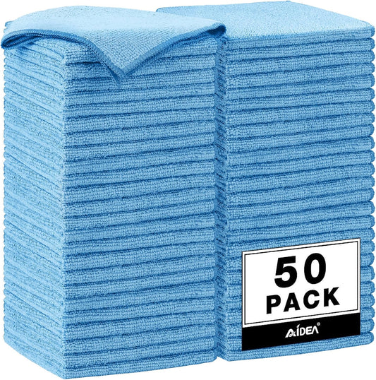 AIDEA Microfiber Cleaning Cloth, 50PK, Blue Shop Rags, Microfiber Towels for Cars, Dusting Cloth Lint Free Rags, Absorbent Towels for SUVs, House, Kitchen, Mechanic, Workshops, 12"×12"