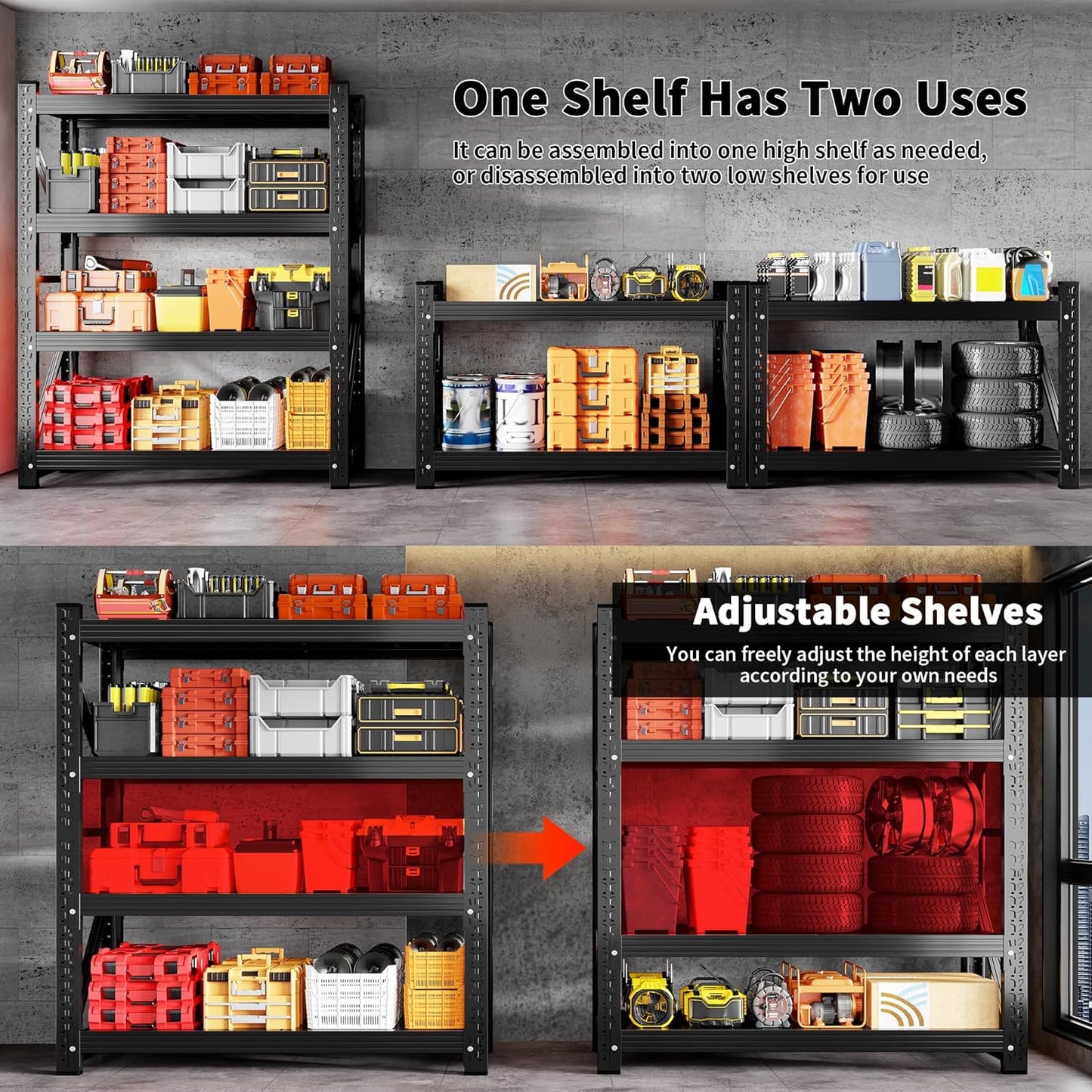 4000LBS Garage Shelving 48" W Garage Shelving Heavy Duty 4-Tier Metal Storage Shelves Adjustable Shelf Unit Storage Rack for Basement Supermarket Warehouse 48" W x 20" D x 78" H Black