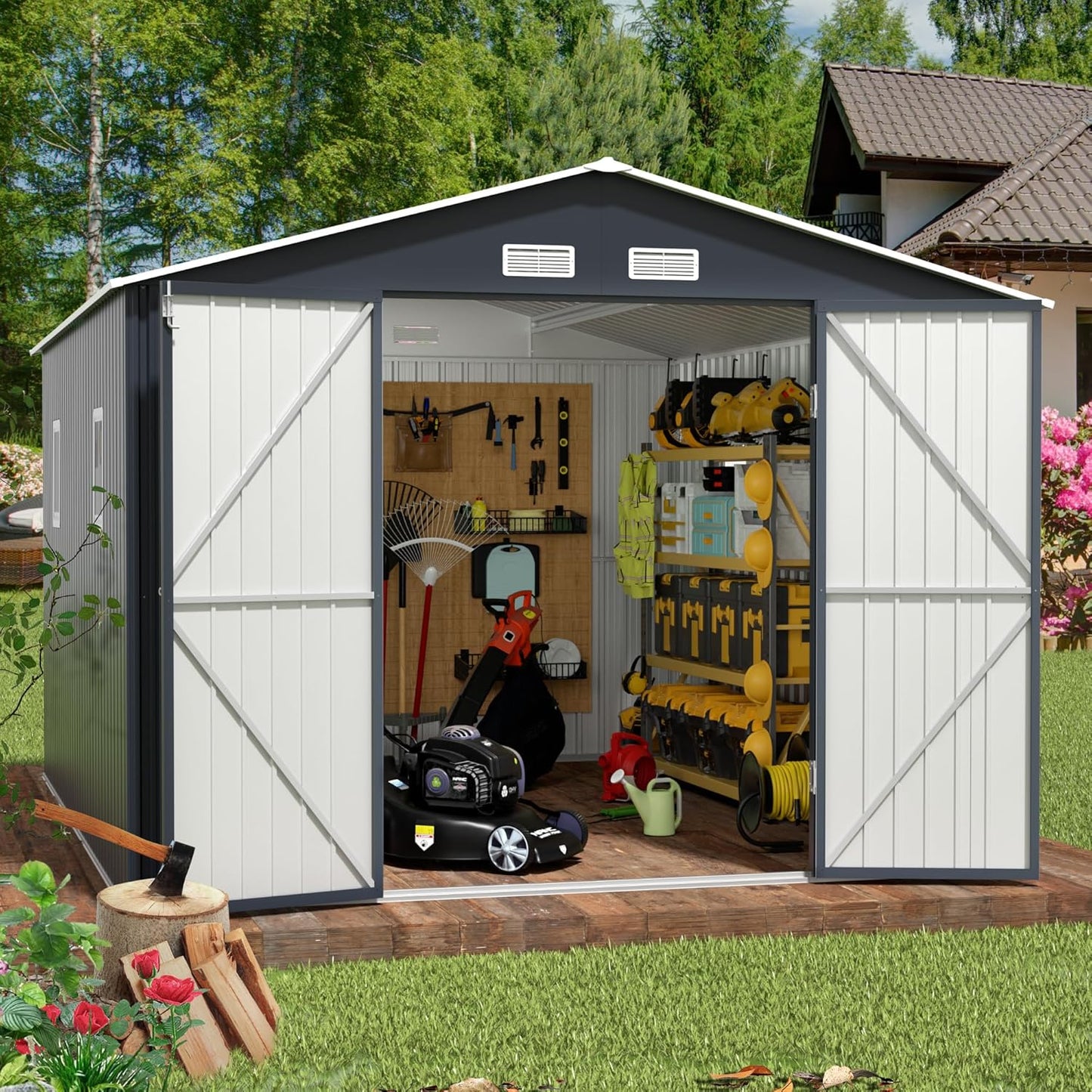 Breezz Outdoor Storage Shed 10 x 12 ft. Utility Tool Shed Metal Storage Garden Shed with Lockable Doors, Windows & Metal Frame Floor for Patio Storage, Nightblue