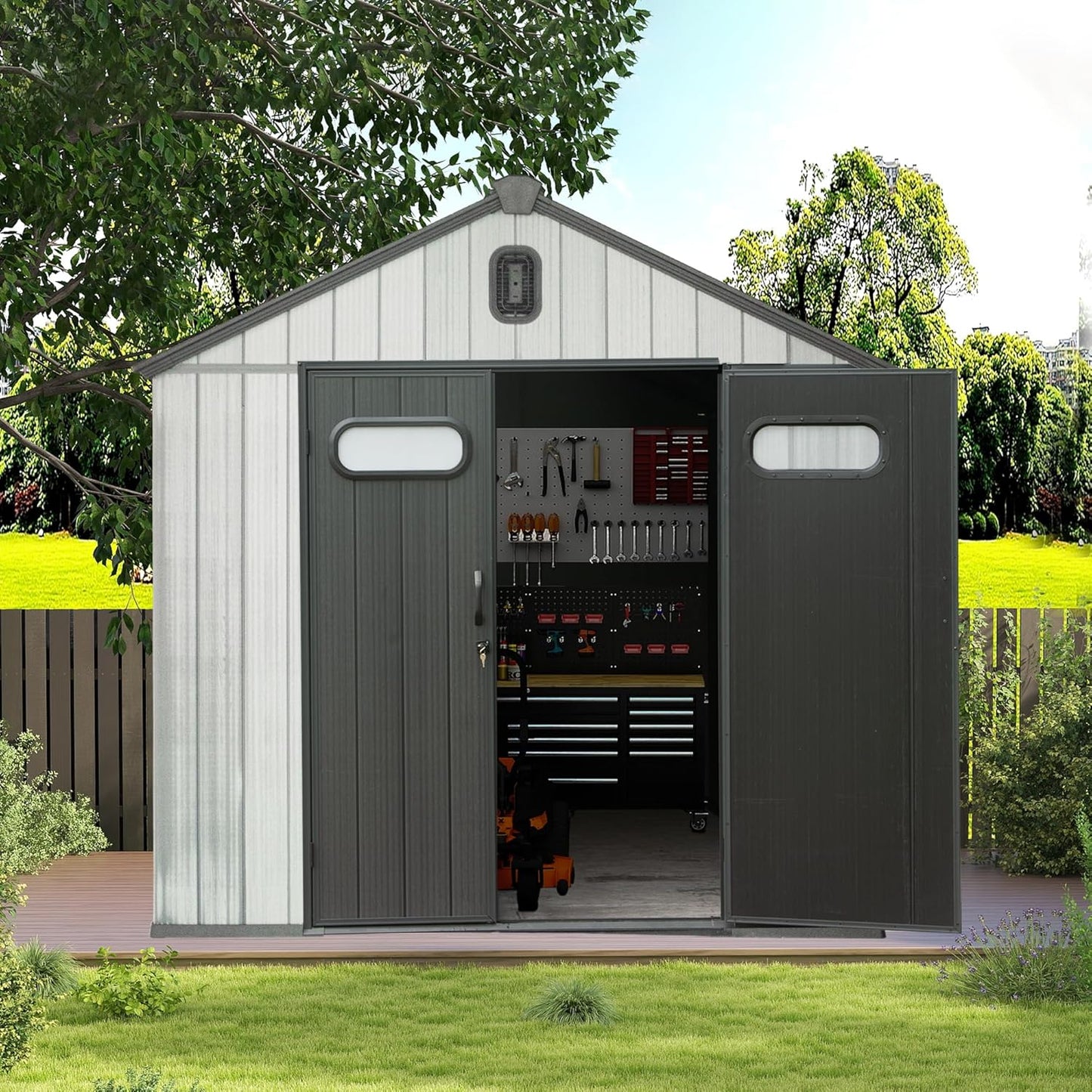 Domi 8x6 FT Outdoor Resin Storage Shed, All-Weather Double-Wall Storage Building for Backyard, Garden, Lawn Tools, Mower, Bike & Pool Equipment, Lockable Doors, Ventilated Roof, Grey