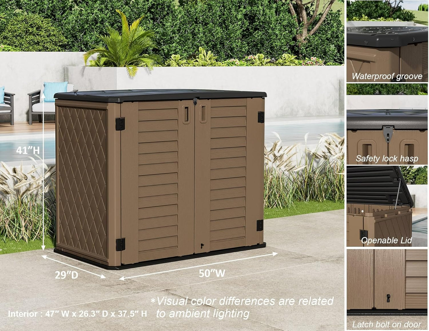 ZZM 4x2.5 FT Outdoor Storage Shed, Resin Waterproof Storage Cabinet for Garden Tools with Lockable Lid,Latch (Coffee)