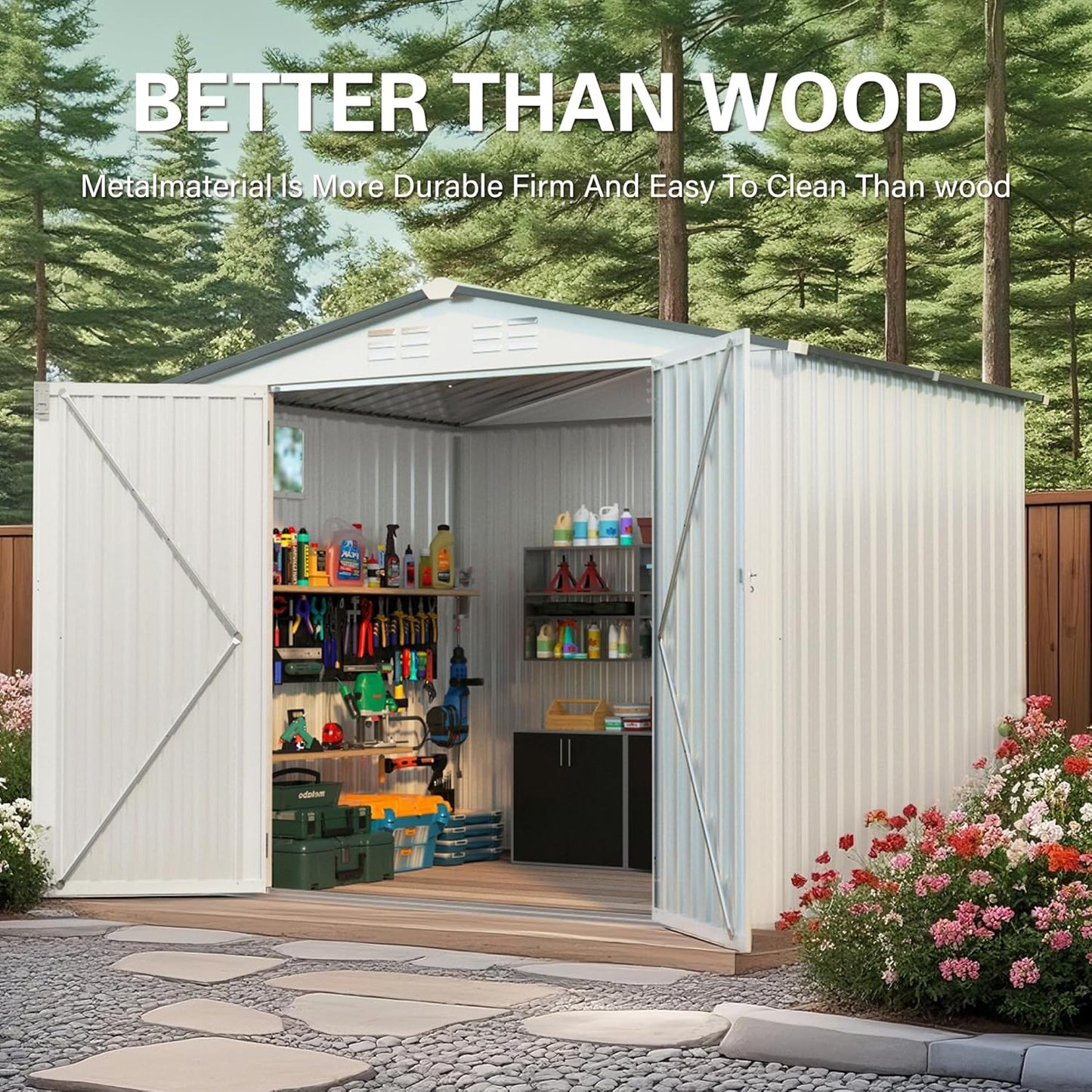 8 x 6 FT Outdoor Storage Shed, Metal Garden Tool Shed with Slooping Roof, Lockable Doors and Aluminum Frames, Easy to Assemble for Garden, Patio, Lawn, White+Black