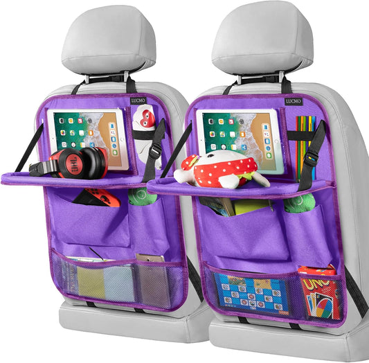 LUCMO Car Backseat Organizer with Tablet Holder-2 Pcs,6 Storage Pockets Car Storage Organizer with Foldable Food Tray,Protectors Kick Mats Travel Accessories-Dark Purple