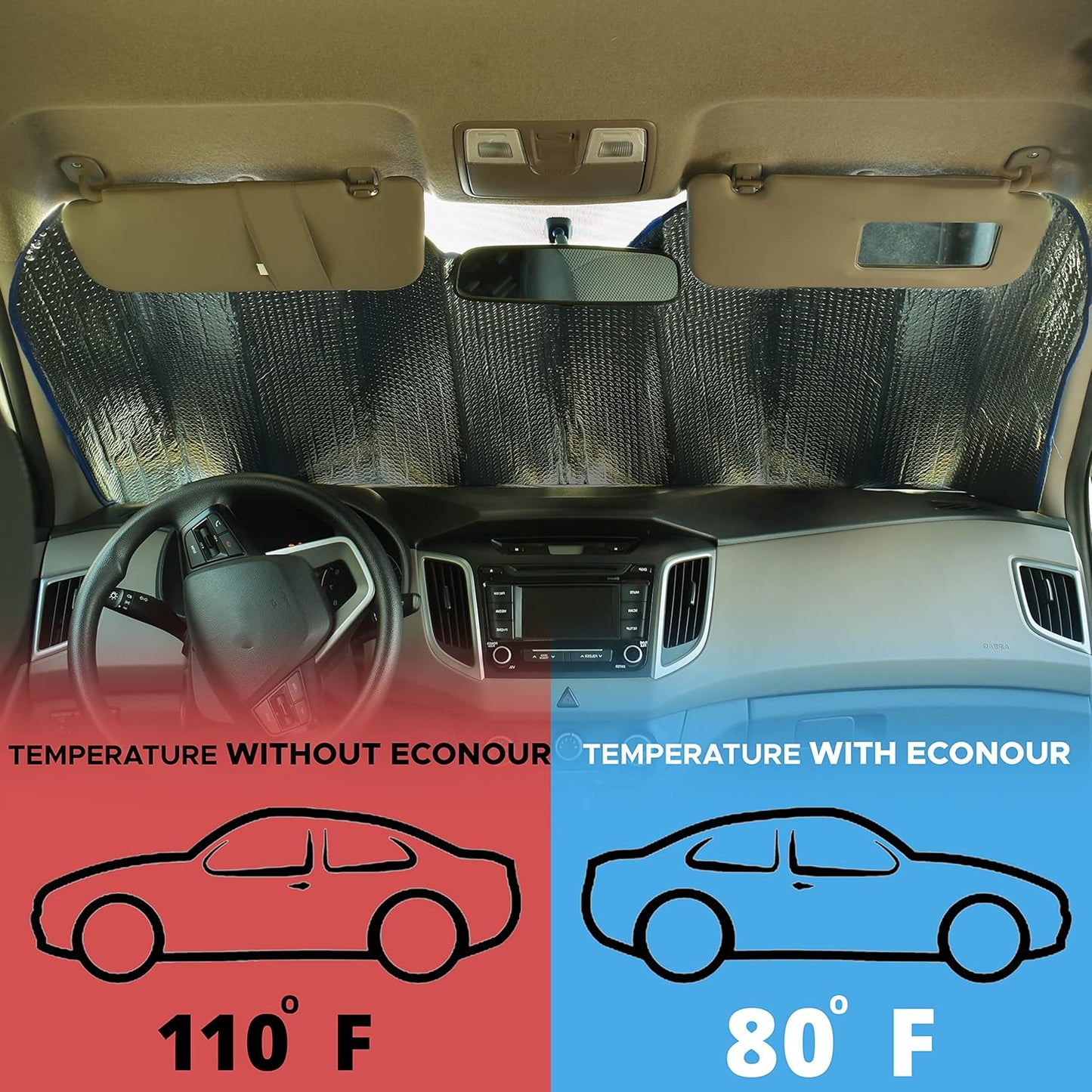 EcoNour Accordion Car Windshield Sun Shade (Gray) | Foldable Car Window Shades for UV Protection & Heat Block | Keeps Interior Cool | Sun Blocker for Front Window | 58 x 28 Inches