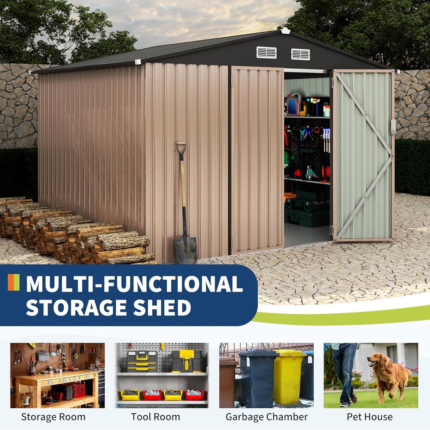 8x10 FT Metal Storage Sheds Outdoor with Floor, Metal Yard Sheds Garden Shed Kit, MetalTool Shed with Lockable Door, Metals UtilitySheds Buildings with Air Vent for Backyard Garden Patio Lawn