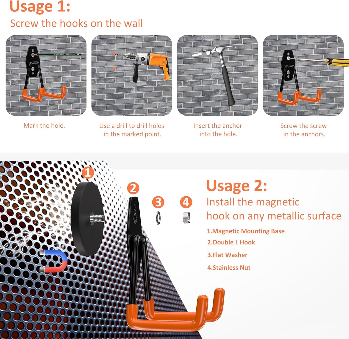 ENUODA Strong Magnetic Hooks Heavy Duty 4 Pack Magnet Garage Hook Heavy Duty Rare Earth Magnets Utility Storage Hooks for Hanging Ladder, Power Tool, Toolbox, Shovel, Broom, Extension Cord