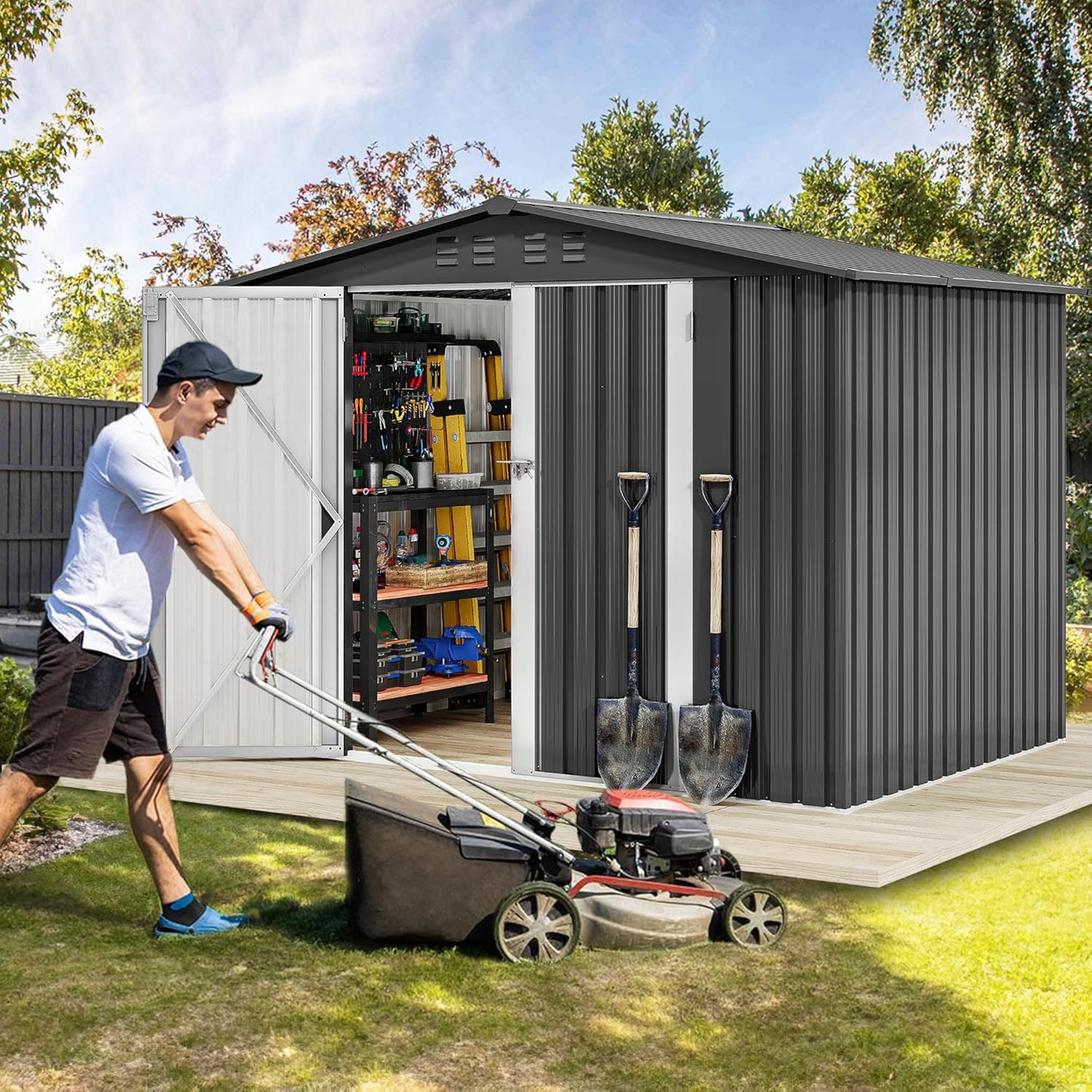 DWVO 8x6FT Outdoor Storage Shelter, Roomy Steel Tool Shed with Secure Entrances & Air Circulation for Patio, Lawn, and Backyard, Ideal for Storing Garden Gear, Lawn Tools, and Bikes, Dark Gray