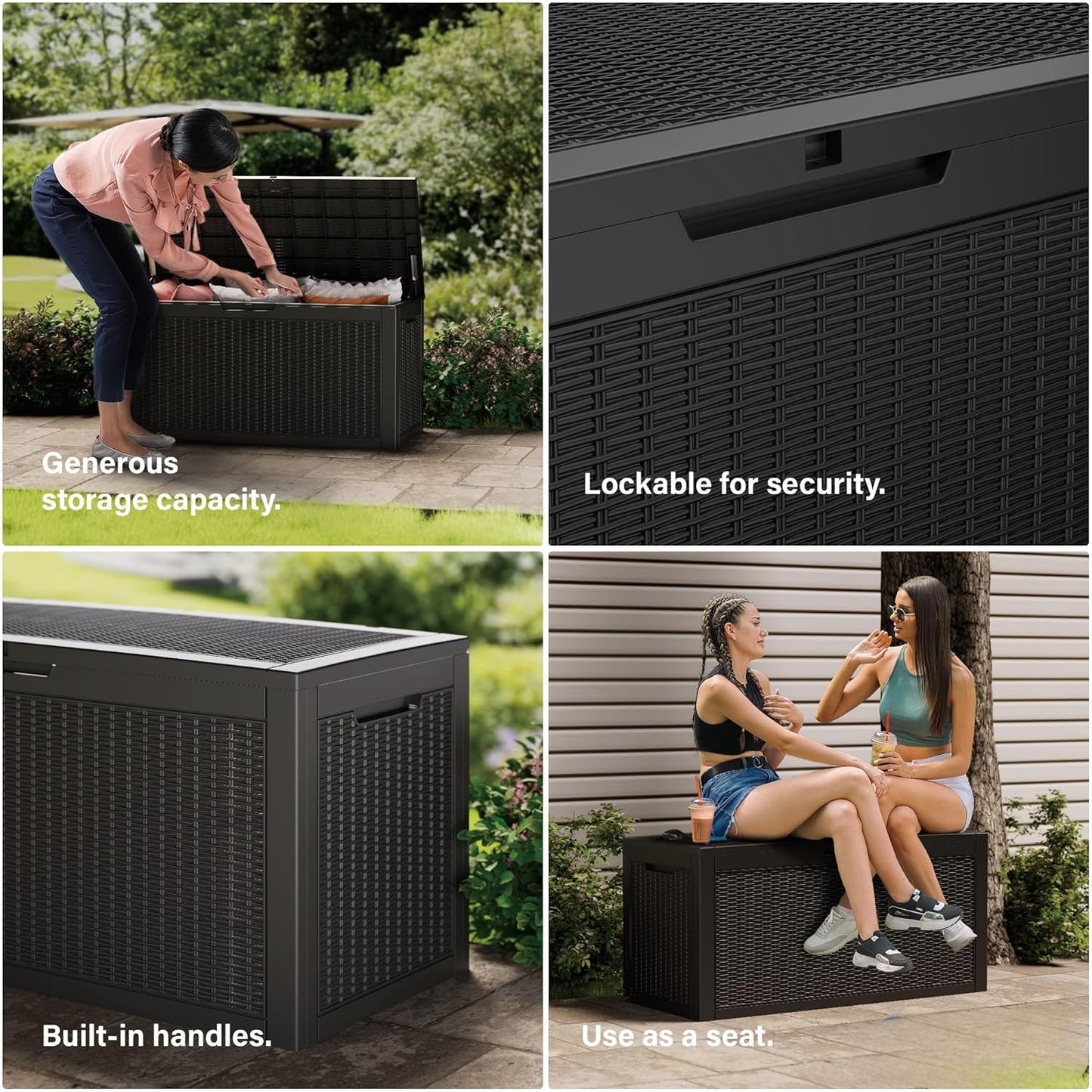 200 Gallon Resin Deck Box, Waterproof Outdoor Storage Bin for Patio Furniture, Pool Accessories, and Garden Tools, Lockable & UV-Resistant, Black