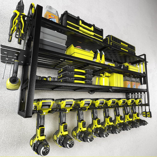 KAFAHOM Power Tool Organizer-8 Drill Holder Wall Mount，Tool Organizer and Storage rack for Garage Organization， Heavy Duty Metal Tool Shelf with Air tool/Screwdriver/Hammer/Plier Holder