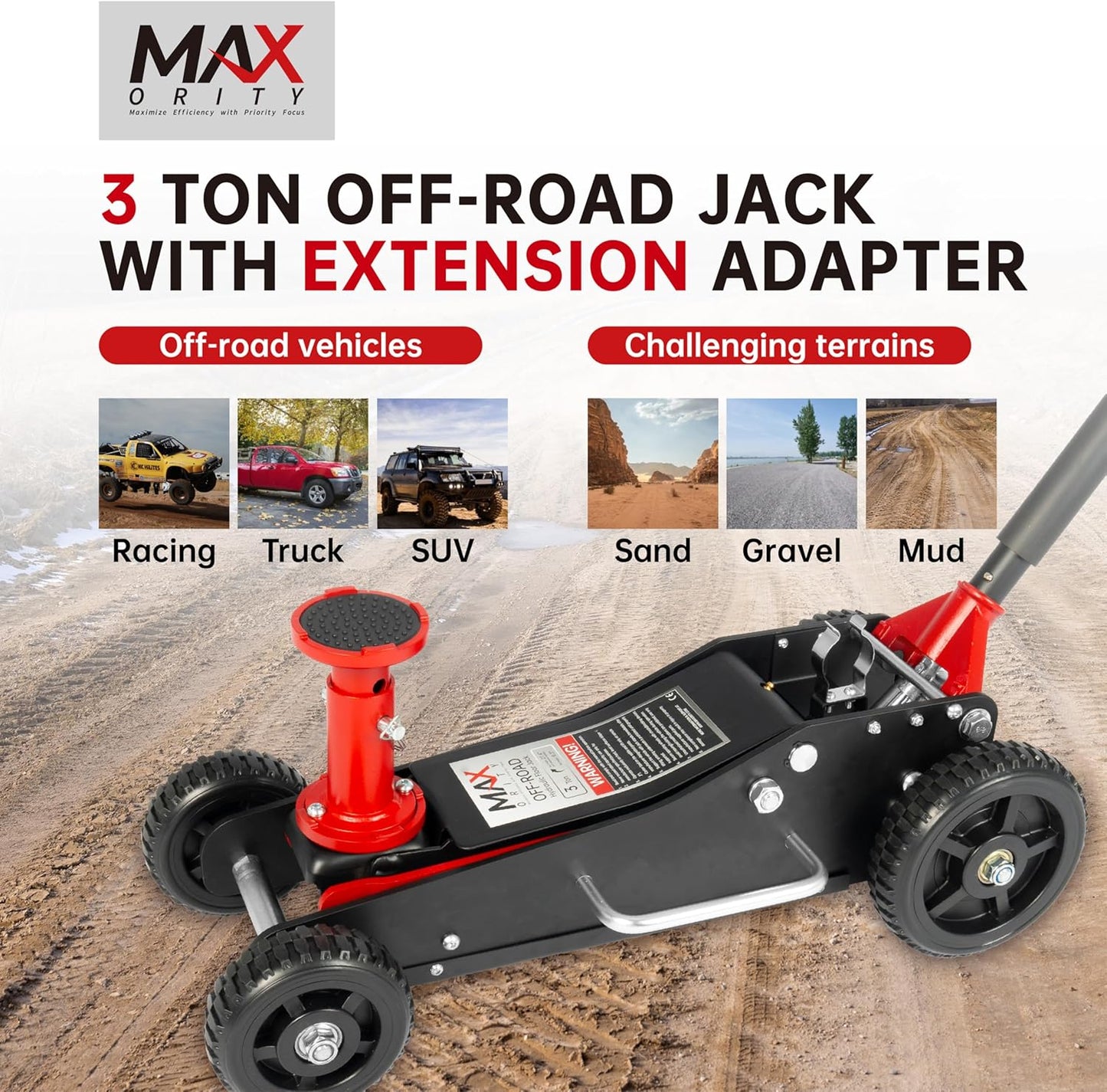 3 Ton (6600 lbs.) Big Wheel Dual Pistons Heavy-Duty Steel Construction Off-Road Jack, Hydraulic Car Jack with Extra Saddle, for Trucks, SUVs, ATVs