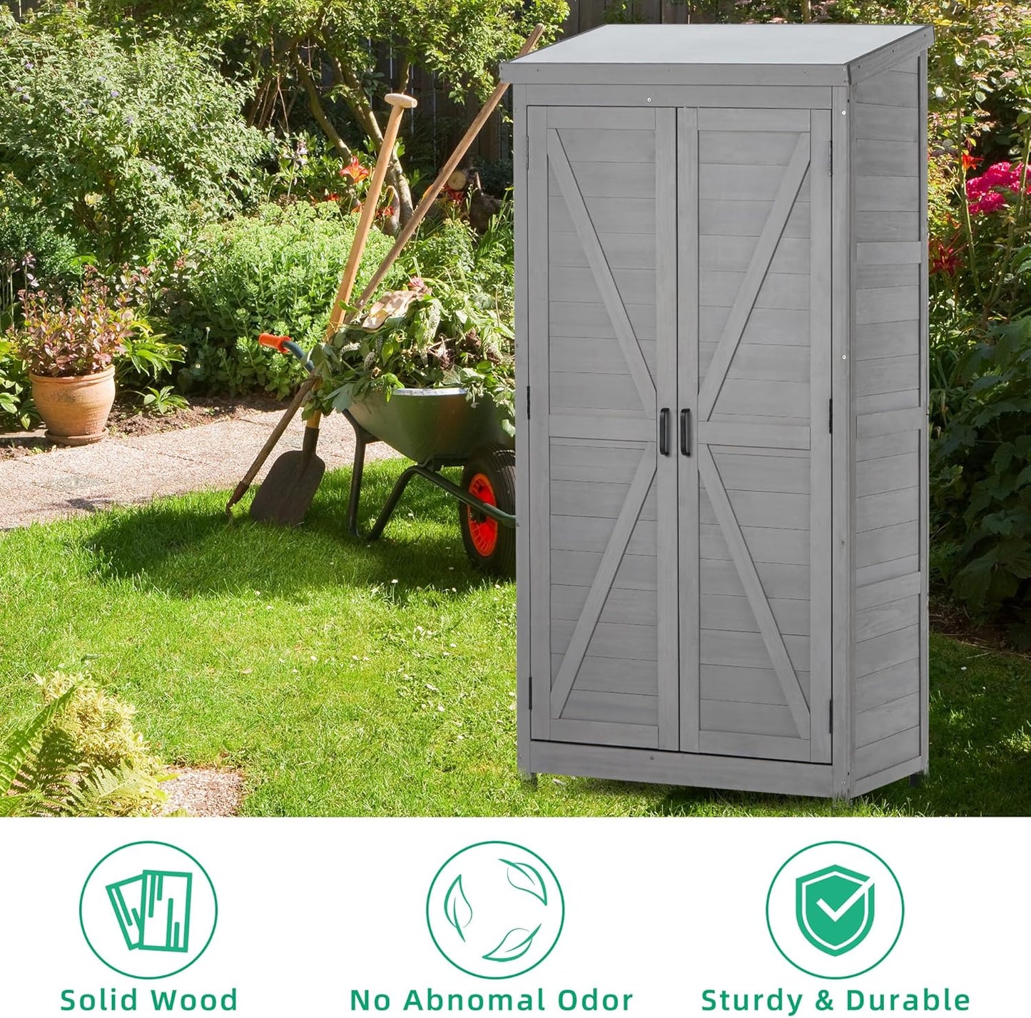 Outdoor Storage Shed Waterproof, Potting Shed with Storage Cabinet and Metal Table Top for Backyard Garden Patio, Outdoor 68 Inches Wood Tall Shed