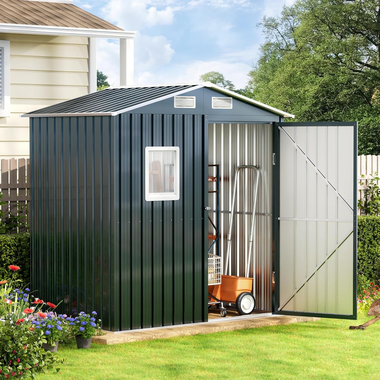Breezz 6x4FT Outdoor Steel Storage Shed with Clear Window, Lockable Doors, Weather-Resistant Metal Tool Shed for Garden, Backyard, Patio, and Utility Storage