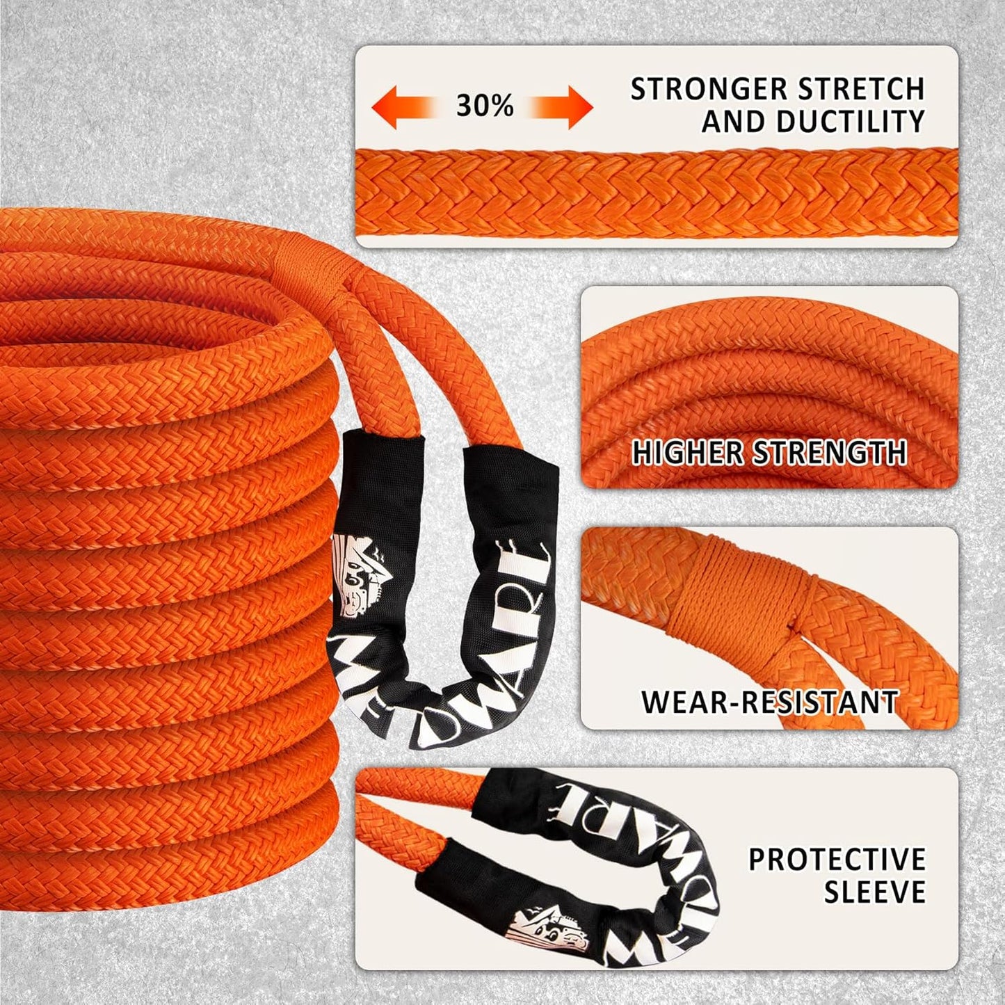 METOWARE Kinetic Recovery Rope (1’’ x 30ft) 35,000 LBS Heavy Duty Offroad Recovery for UTV, ATV, Truck, Car