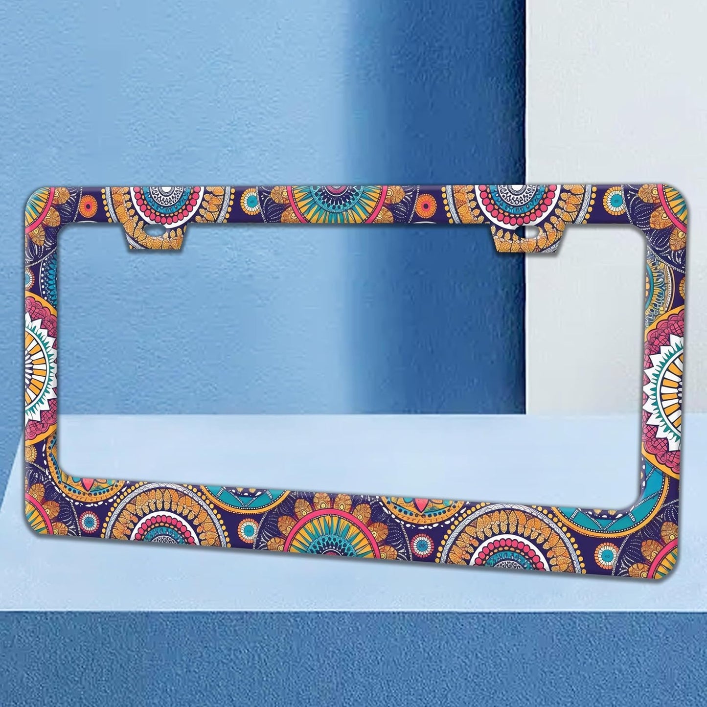 Mandala Flowers License Plate Frame Floral Print License Plate Holders Funny Stainless Steel Auto Accessory Bracket 2 Hole with Screws Universal Us Car License Plate Frames 6x12 Inch for Women Men