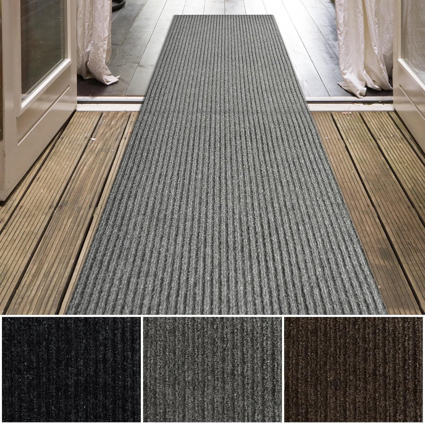 iCustomRug Spartan Weather Warrior Indoor/Outdoor Utility Ribbed Carpet Runner with Non-Slip Thermoplastic Rubber Backing, 3ft X 7ft in Grey