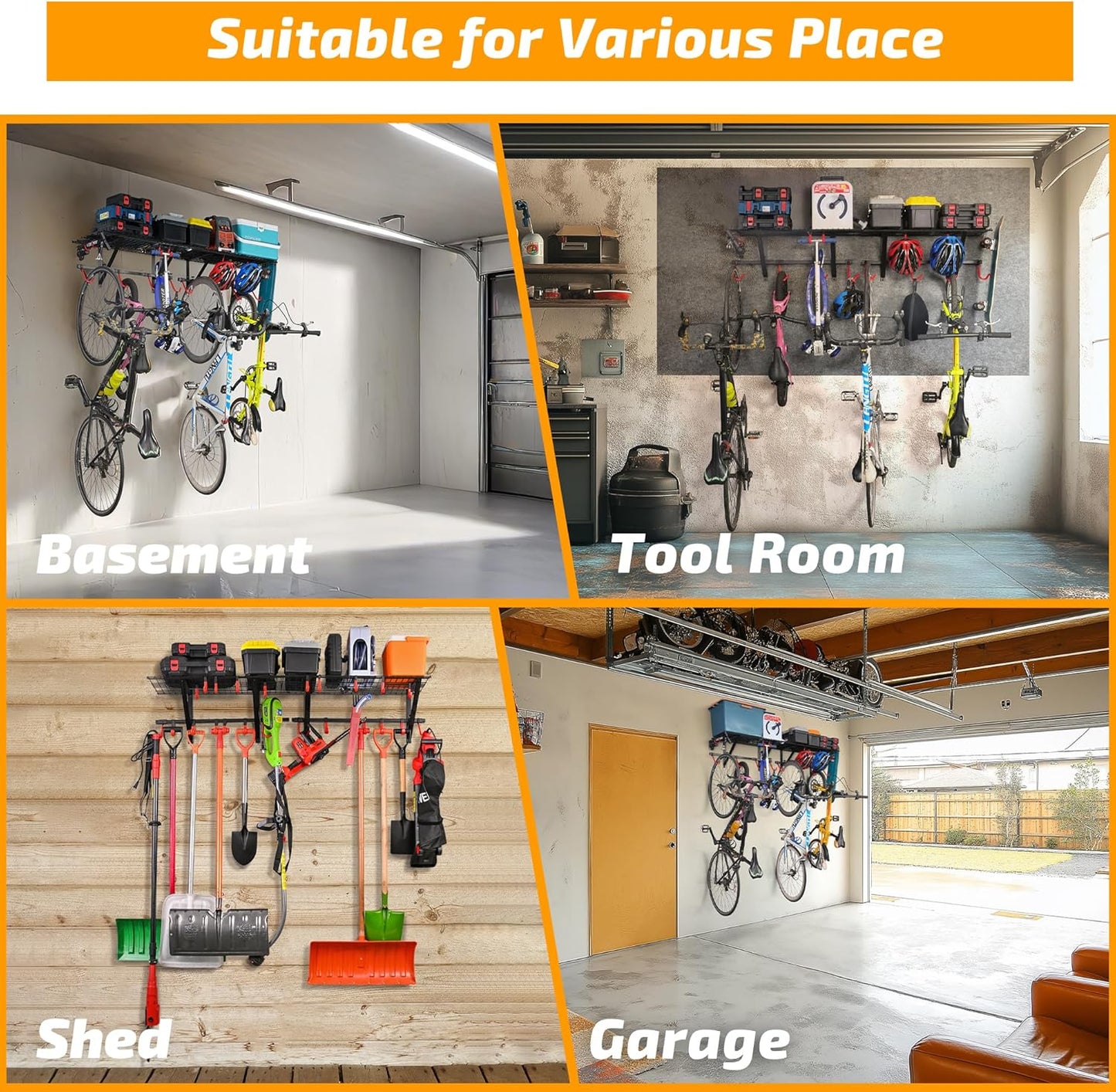 PLKOW Garage Wall Shelving, Wall Mount Bike Storage Rack with 8 Adjustable Bike Hooks, Heavy-Duty Bike Rack for Garage, 280 Lbs Load Capacity, 2-Pack