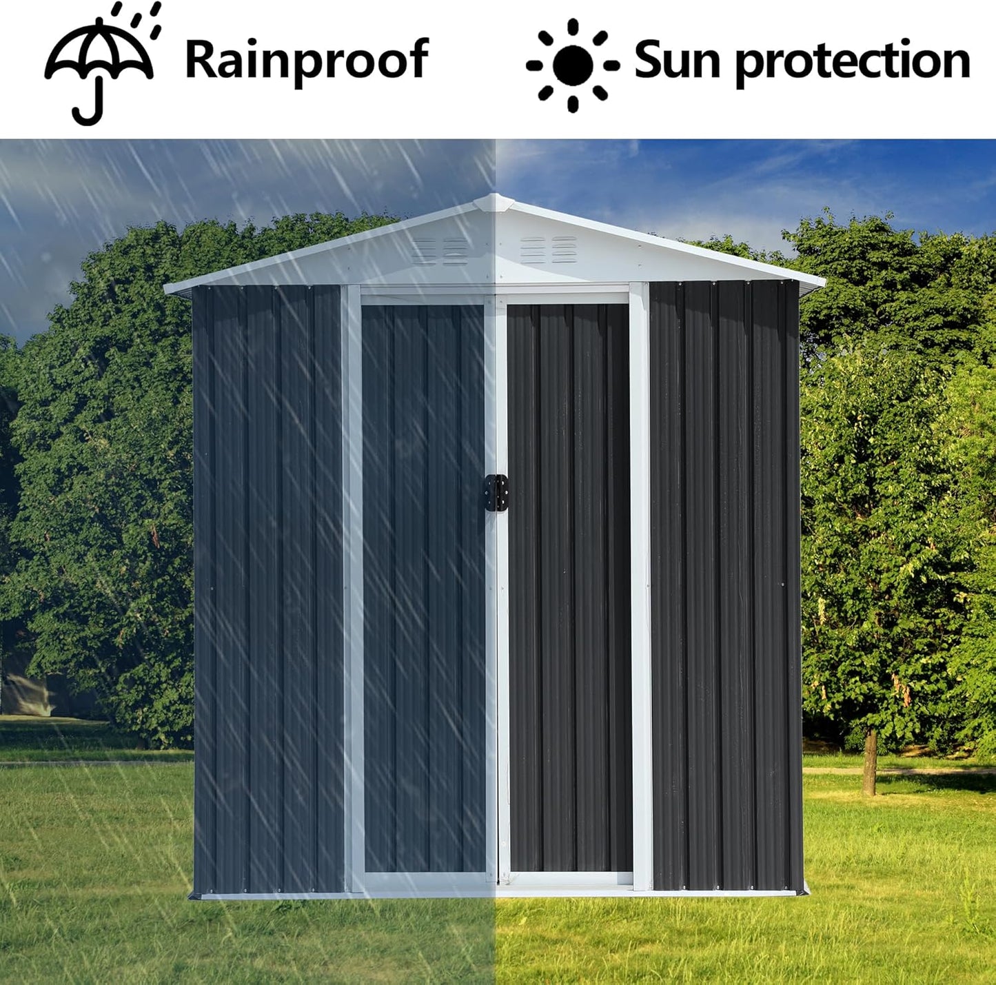 6x9 FT Outdoor Storage Shed, Metal Garden Shed with Lockable Sliding Doors, Outside Tool Shed with Sloped Roof & 4 Air Vents, Waterproof Storage Building for Backyard, Patio, Lawn, Gray