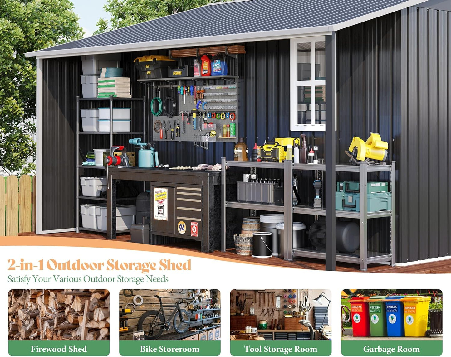 Jocisland 10.6x10.3x6.3 FT Galvanized Metal Storage Shed with Open Firewood Bay, Sliding Doors & Ramp, 2 Windows & Vents, Weather-Resistant Outdoor Tool/Garden Shed, Dark Grey/White