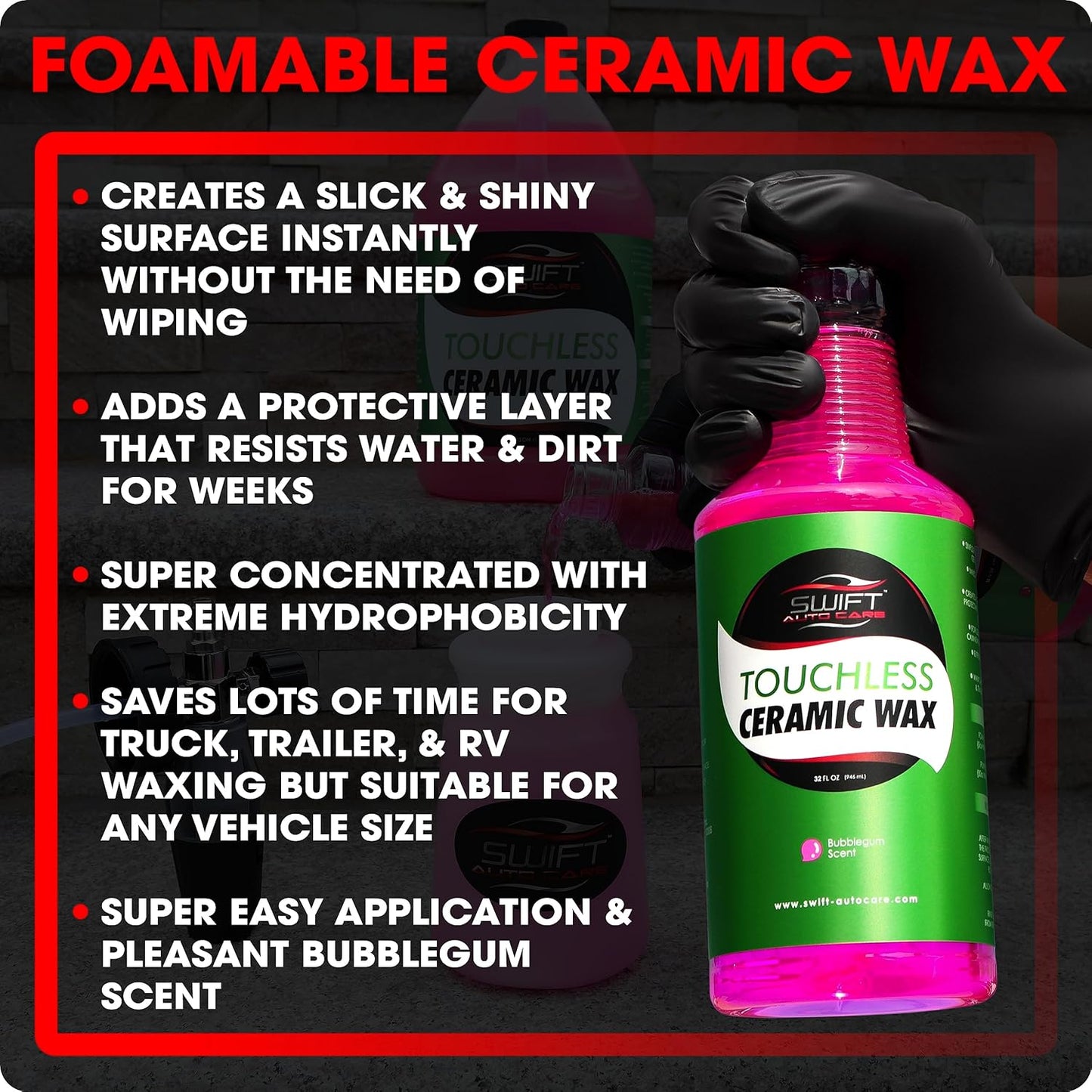 Swift Touchless Ceramic Foamable Wax (32 Oz) – Spray On/Rinse Off For High-Gloss, Hydrophobic Protective Layer | For Foam Cannon & Foam Pump Sprayer After Car Wash | Wax Cars, Trucks, RV’s & More!