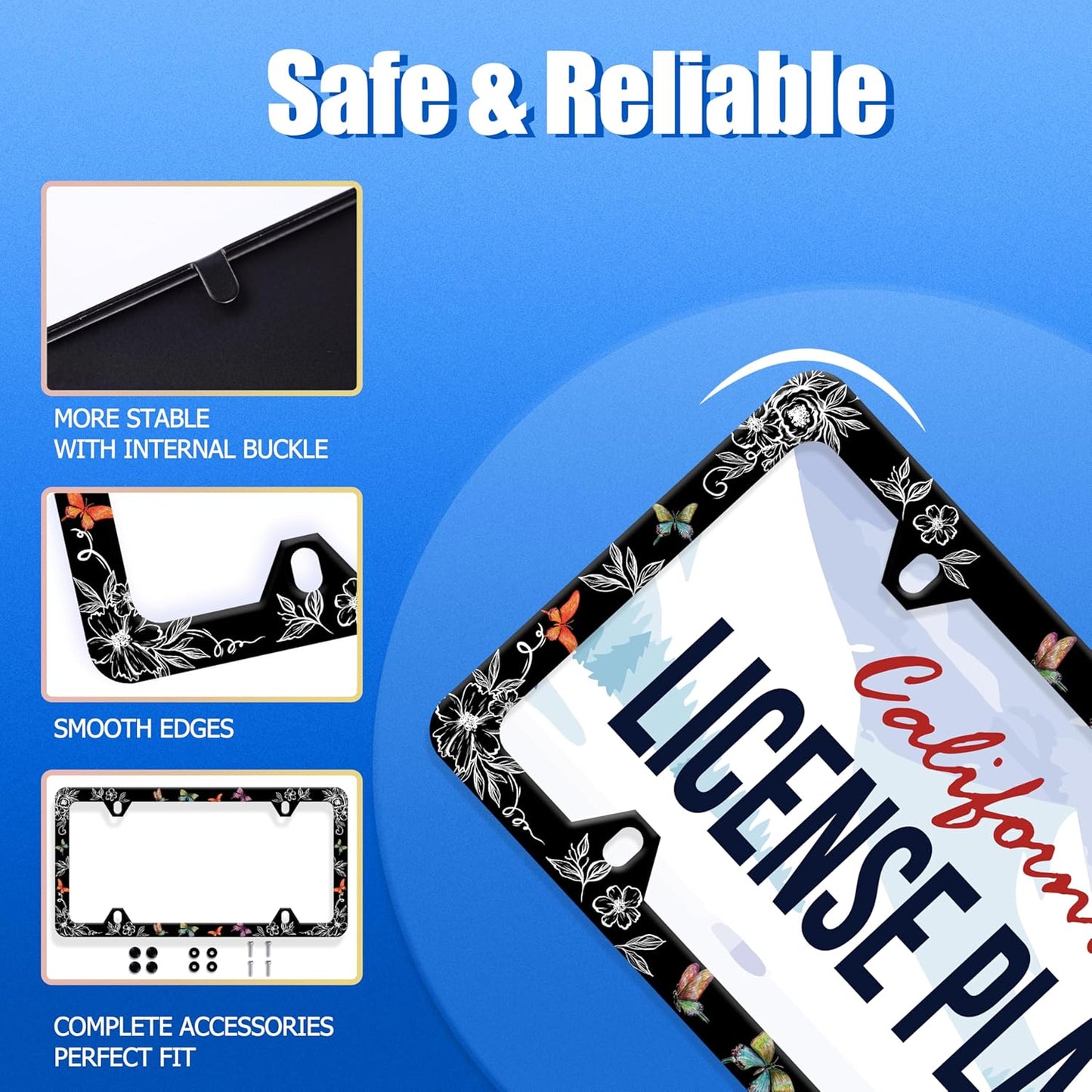 Butterfly License Plate Frame Wild Flower License Plate Holder Stainless Steel Women Colorful Car Accessory Decoration