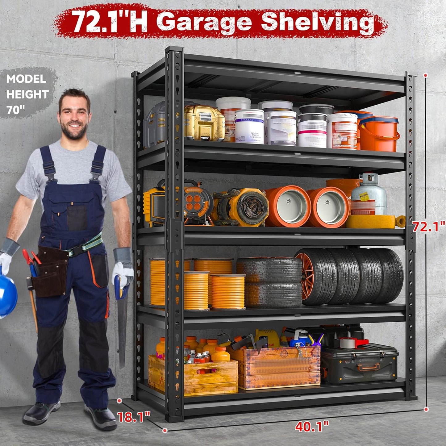 REIBII 72.1" H Garage Shelving 2000LBS Storage Shelves Heavy Duty Metal Shelving 5 Tier Garage Storage Shelves for Commercial Warehouse Pantry Kitchen 72.1" H x 40.1" W x 18.1" D