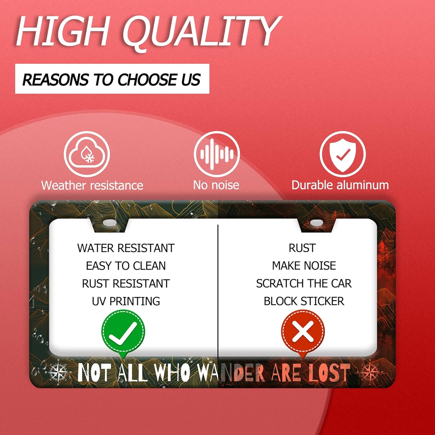 Not All Who Wander are Lost License Plate Frame Funny Golden Mountains License Plate Frames Stainless Steel Accessories Cars Decor with 2 Holes and Screws Fits Standard Us Ca Vehicles 12.2 X 6 Inch