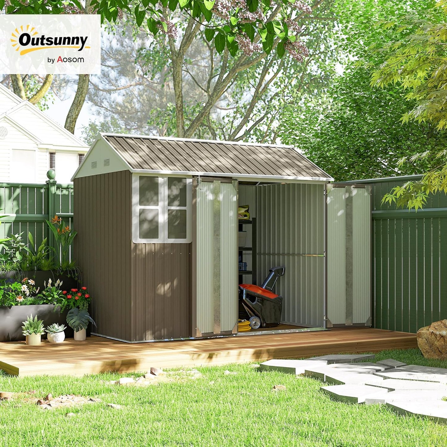 Outsunny 8' x 5.5' Outdoor Storage Shed, Metal Garden Shed with Window & Double Lockable Door, Outdoor Tool Shed Storage with Sloped Roof for Backyard, Patio, Garage, Lawn, Gray