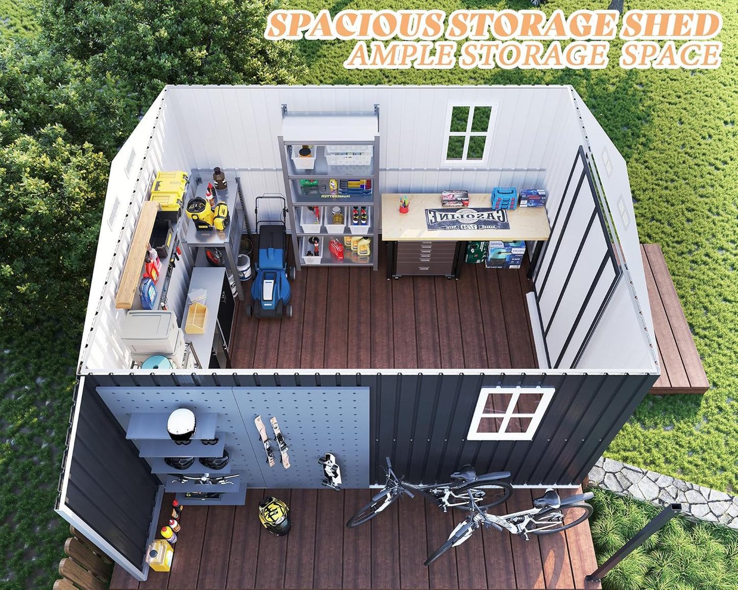 Jocisland 10.6x10.3x6.3 FT Galvanized Metal Storage Shed with Open Firewood Bay, Sliding Doors & Ramp, 2 Windows & Vents, Weather-Resistant Outdoor Tool/Garden Shed, Dark Grey/White