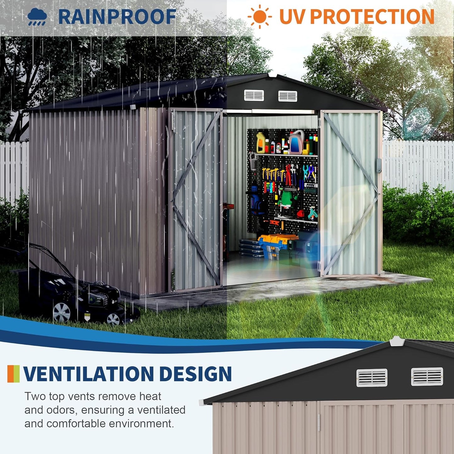 8x10x6.4 FT Outdoor Storage Sheds with Floor, Metal Garden Tool Shed for Backyard, Large Metal Sheds Outdoor Storage With Lockable Doors & Air Vents for Backyard Garden Patio Lawn