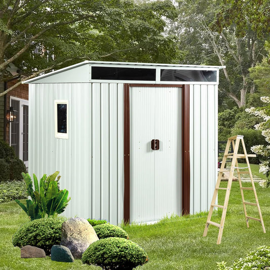 6×5 FT Outdoor Galvanized Metal Storage Shed Large Garden Sheds W/Sliding Doors and Padlock,Rust and Waterproof,with Window and Punched Vents,Tool-Sheds for Backyard,Lawn,White