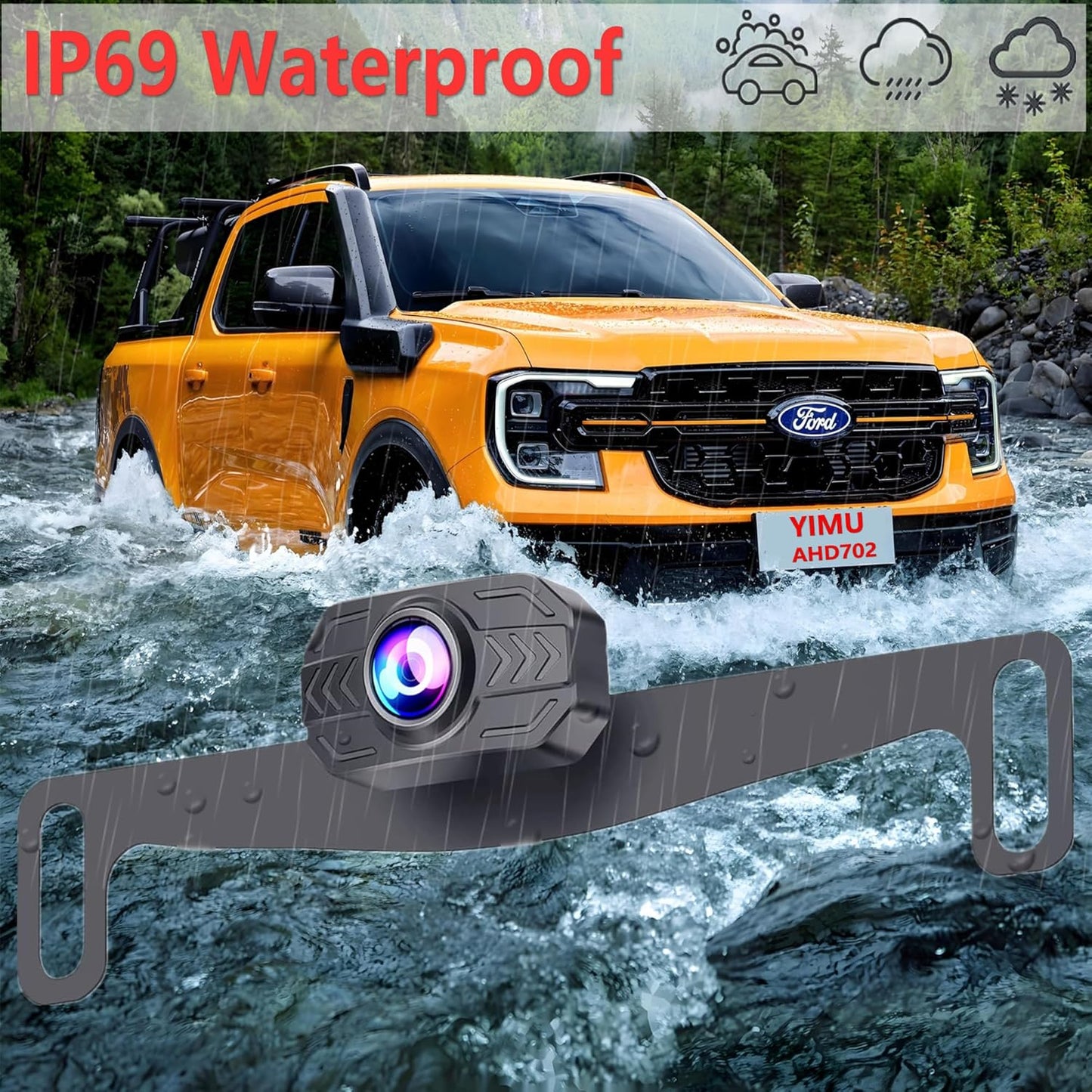 YIMU Car Backup Camera for Truck 7″ monitor AHD 2K Front Rear View Camera for car,USB Powered Plug-Play, Night Vision No-Delay DIY Grid Lines Touch Screen AHD702