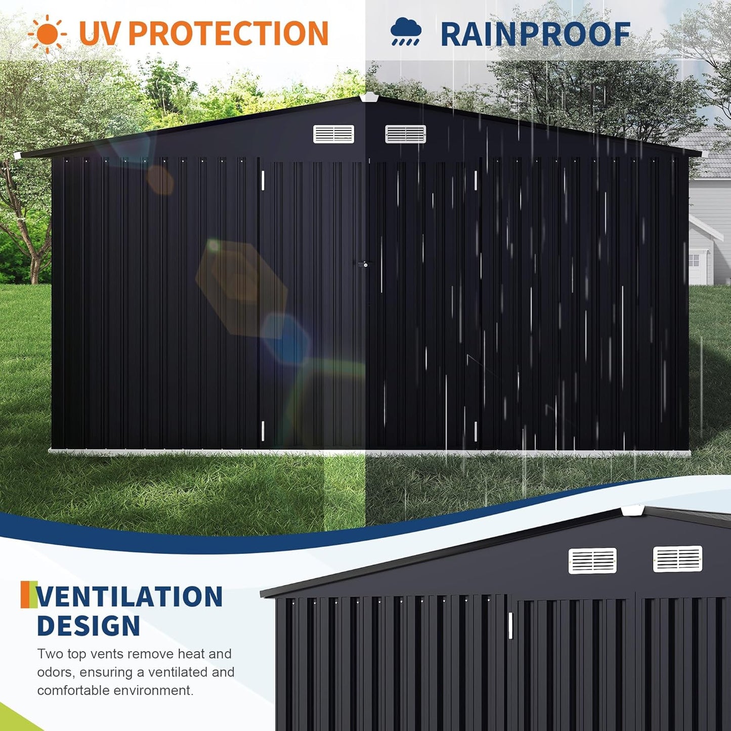 8x10x6.4 FT Outdoor Storage Sheds with Floor, Metal Garden Tool Shed for Backyard, Large Metal Sheds Outdoor Storage With Lockable Doors & Air Vents for Backyard Garden Patio Lawn