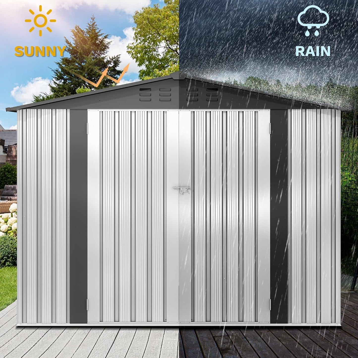 DWVO 8x6FT Outdoor Storage Shelter, Roomy Steel Tool Shed with Secure Entrances & Air Circulation for Patio, Lawn, and Backyard, Ideal for Storing Garden Gear, Lawn Tools, and Bikes, White