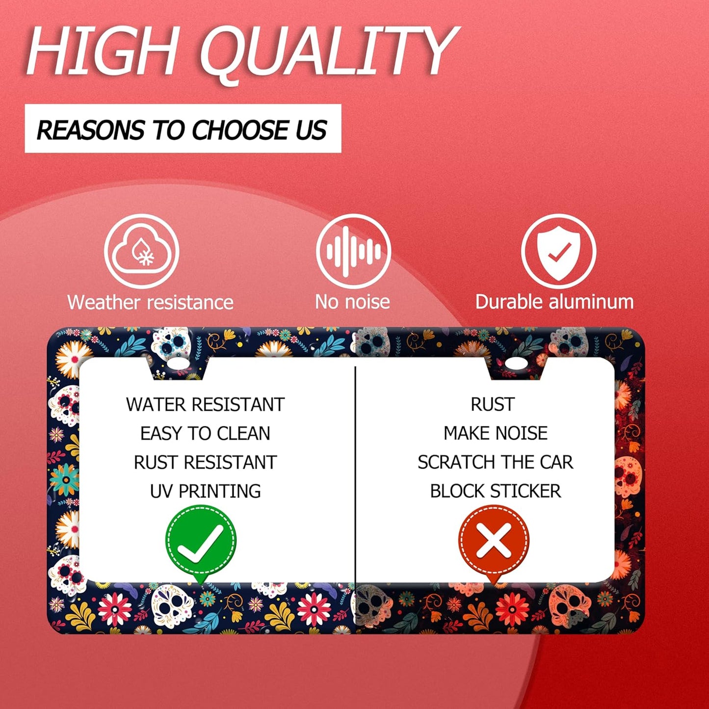 Sugar Skull Flowers License Plate Frame Cute Colorful License Plate Frames Stainless Steel Accessories Cars Decor with 2 Holes and Screws Fits Standard US CA Vehicles Size 12.2 x 6 Inches