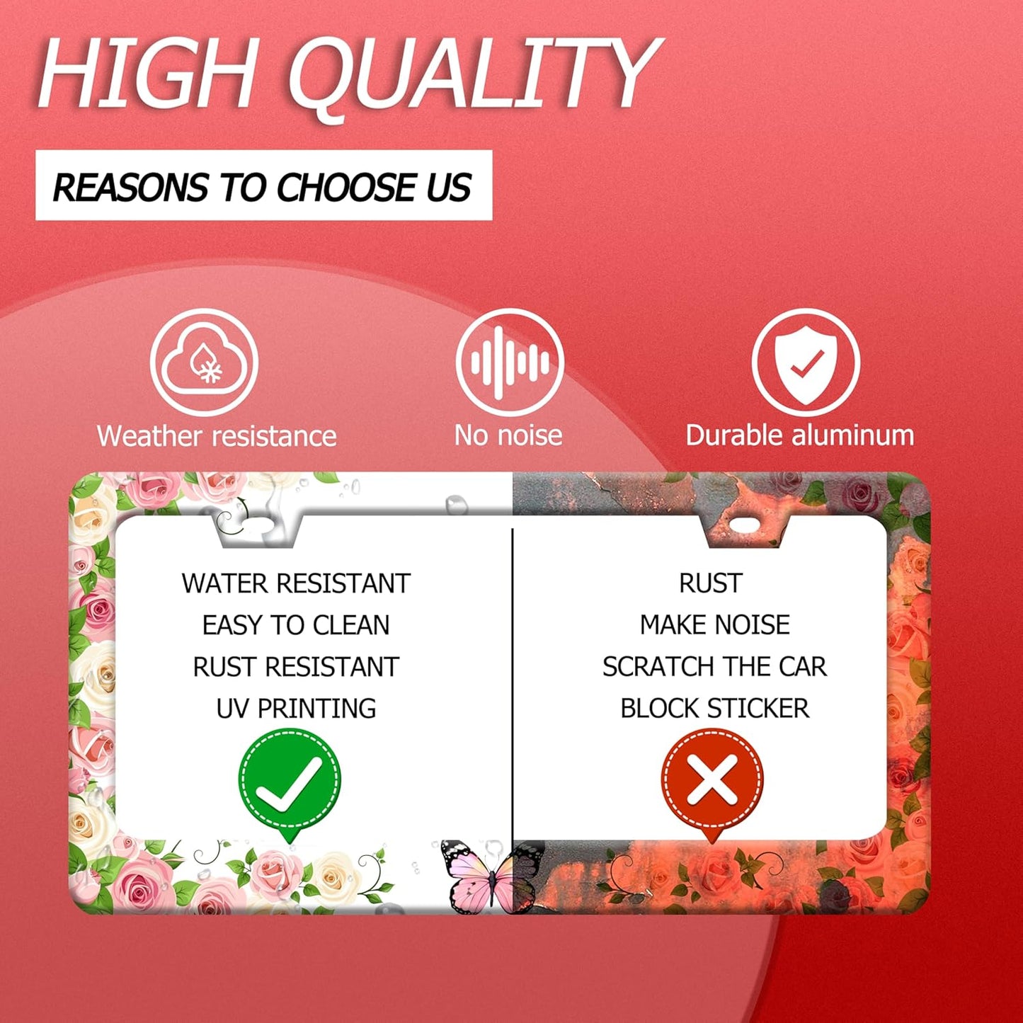 Pink Butterfly License Plate Frame Rose Flowers Floral License Plate Holder Colorful Auto Accessories for Women 6x12 Inch