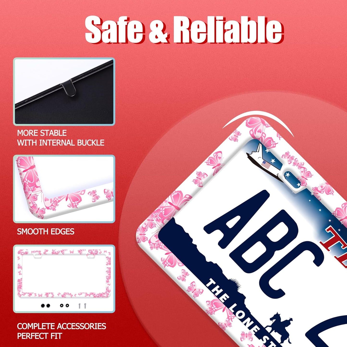 Pink Butterfly License Plate Frame Funny Animal License Plate Frames Stainless Steel Accessories Cars Decor with 2 Holes and Screws Fits Standard Us Ca Vehicles License Plate Holder 12.2 X 6 Inch