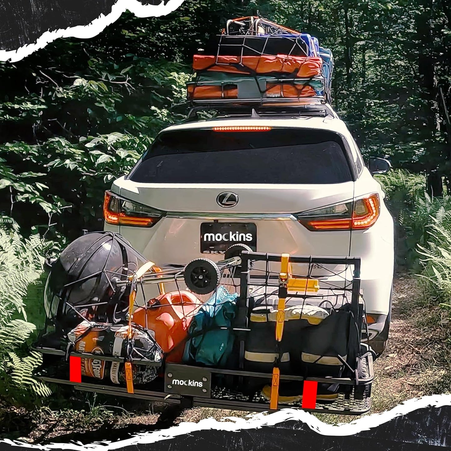 Mockins 60"x20"x6" Trailer Hitch Cargo Carrier | Weatherproof Steel Folding Luggage Rack for Car, SUV & Truck w/ 500 lbs. Capacity | 2" Receiver Hitch Rack Luggage Carrier & Cargo Trailer Accessories