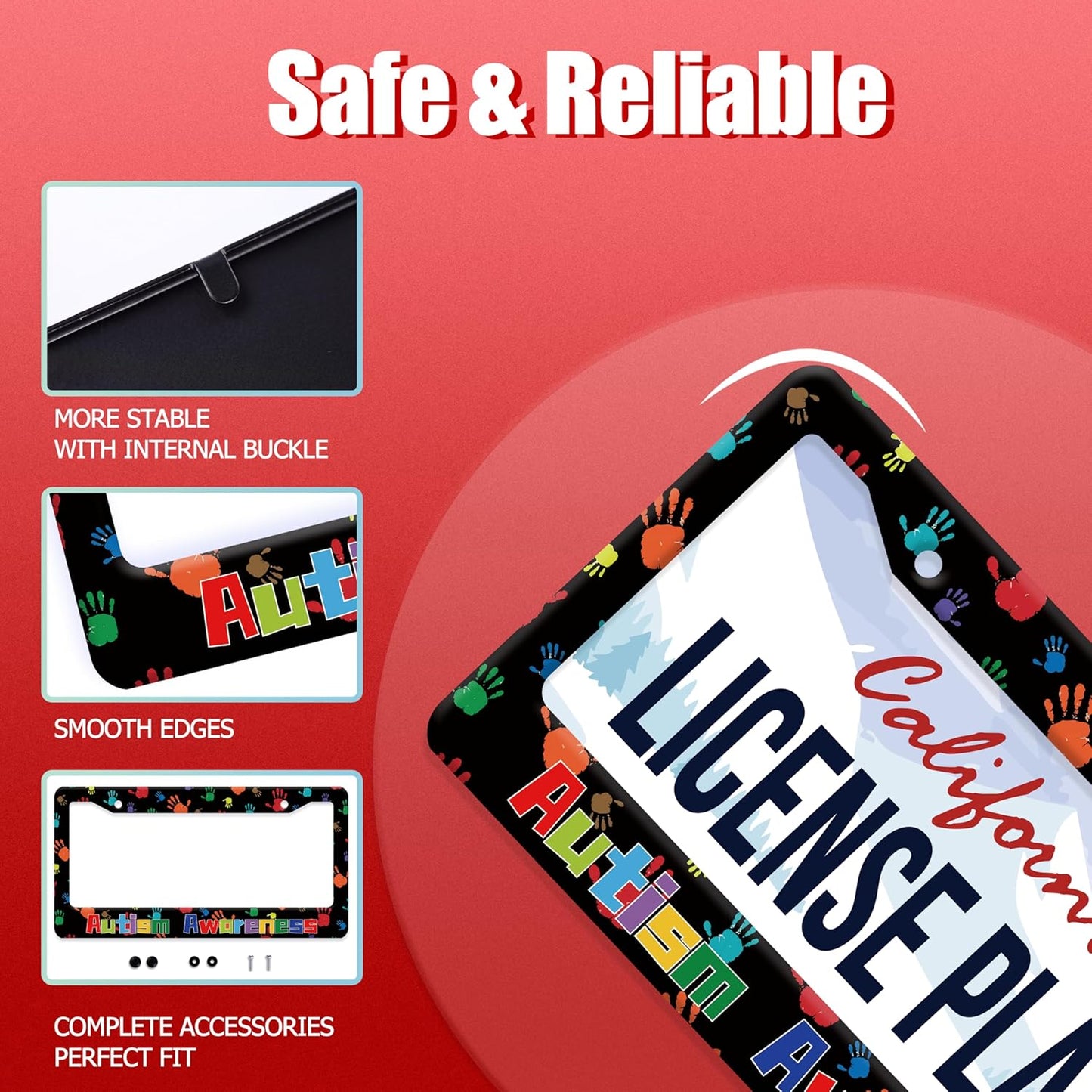 Autism Awareness License Plate Frame Colorful Handprint License Plate Frames Stainless Steel Accessories Cars Decor with 2 Holes and Screws Fits Standard US CA Vehicles Size 12.2 x 6 Inches