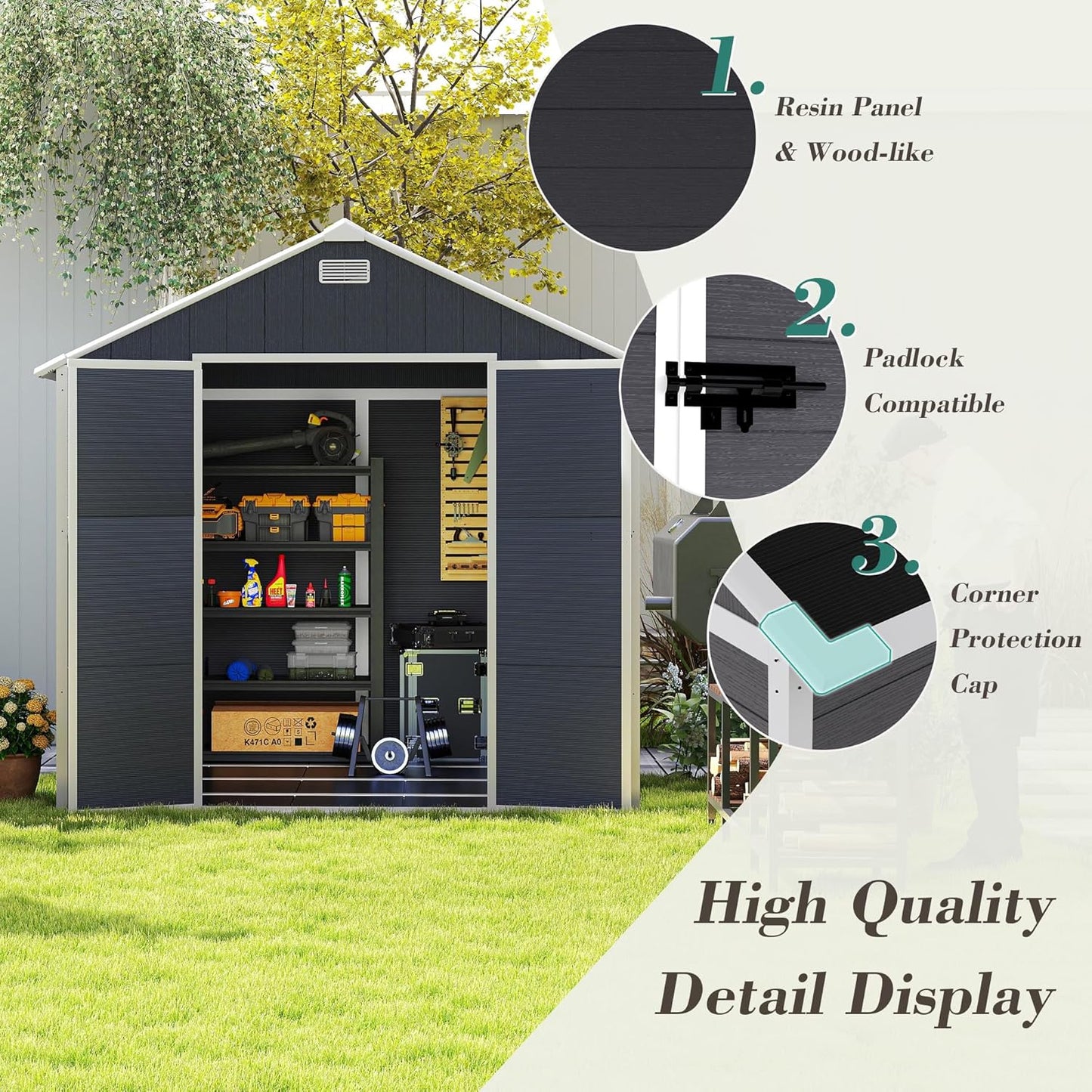 MyVoice 8x8 FT Outdoor Resin Storage Shed with HD Window, Rustproof Waterproof Garden Tool Shed, 12mm Thickened PP Panels, Large Capacity Outdoor Utility House for Backyard Patio (with Floor)
