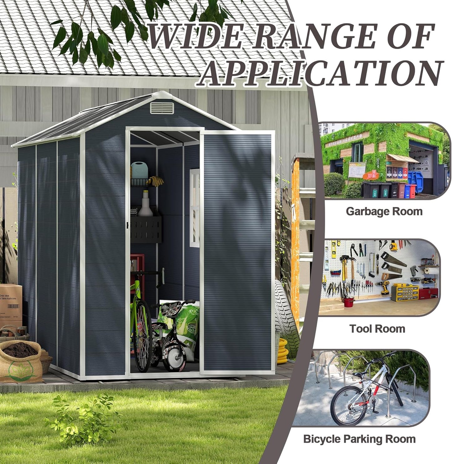 MyVoice 8x4 FT Outdoor Resin Storage Shed with HD Window, Rustproof Waterproof Garden Tool Shed, 12mm Thickened PP Panels, Large Capacity Outdoor Utility House for Backyard Patio (with Floor)