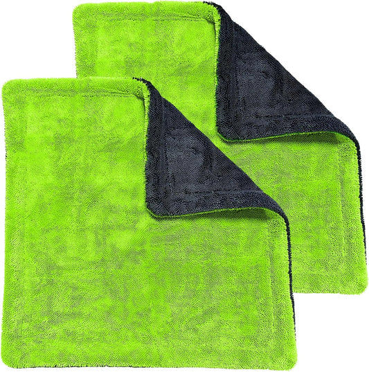 2-Pack Car Drying Towels, 16"x 16" Microfiber Drying Towel for Car Detailing, 1400 GSM High Absorbent Edgeless Streak Free Car Wash Drying Towels for Car Truck SUV, Green&Gray